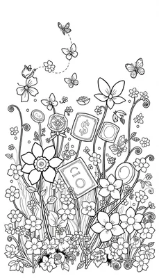 Een gedetailleerde kleurplaat met bloemen, vlinders en geldsymbolen, klaar om in te kleuren.