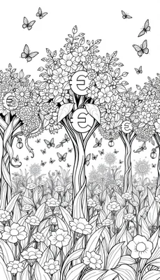 Een fantasierijke kleurplaat met bloemen, bomen en eurotekens in de kruinen, samen met vlinders die rondvliegen tussen de natuur.