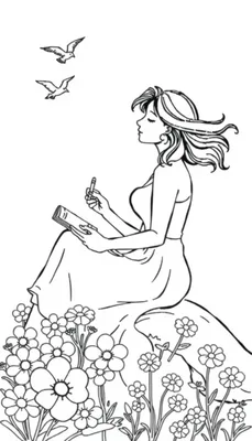 Kleurplaat van een vrouw die droomt op een rots, omringd door bloemen met een boek in haar handen.