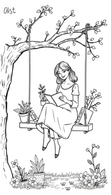 Kleurplaat van een vrouw op een schommel, omringd door planten, bloemen en boeken in een rustige tuin.