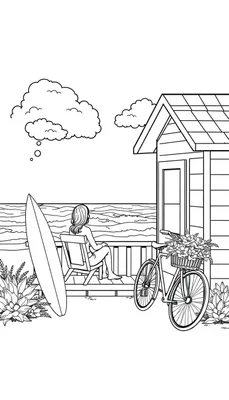 Een kleurplaat van een ontspannen strandtafereel met een veranda, een fiets en een surfplank, omringd door bloemen en een houten huisje.