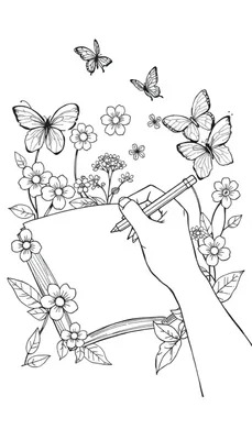 Kleurplaat van een hand die schrijft op een blanco vel papier, omlijst door bloemen, bladeren en vlinders.