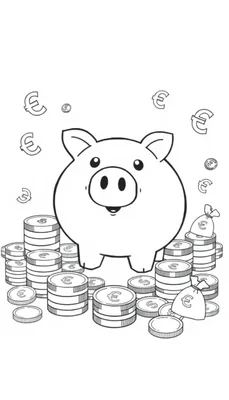 Kleurplaat met een spaarvarkentje, eurotekens, munten en een zakje met geld.