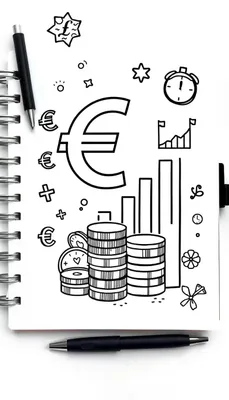 Kleurplaat met financiële symbolen zoals een groot euroteken, munten, een spaarpot en een klok, afgebeeld op een pagina met een pen erbij.