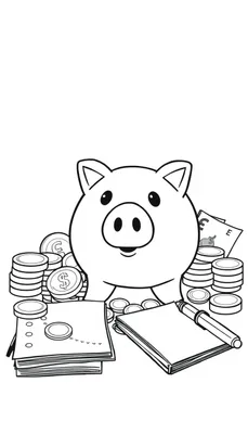 Lijntekening van een spaarvarken omringd door euro muntstukken, papiergeld en een notitieboekje met pen. Geschikt als kleurplaat.