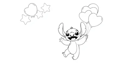 Kleurplaat van een vrolijke cartoonfiguur met grote oren, drie hartvormige ballonnen en sterretjes op de achtergrond.