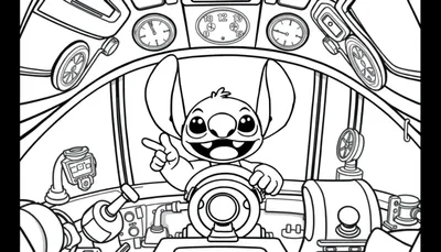 Schattige kleurplaat van Stitch in een ruimteschip met meters en instrumenten.