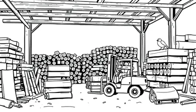 Lijntekening kleurplaat van een grote loods met stapels hout, een heftruck en een vogel op een houtstapel.