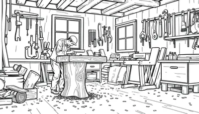 Zwart-wit kleurplaat van een timmerwerkplaats, met een houtbewerker die een houten tafelblad bewerkt en gereedschap aan de muur.