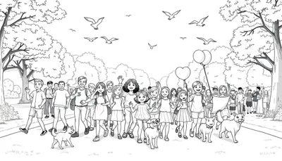Kleurplaat van een vrolijke avondvierdaagse in een park met mensen, kinderen, honden en ballonnen.