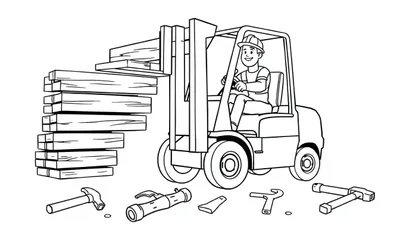 Kleurplaat van een heftruck die planken optilt met een lachende bestuurder en gereedschap op de grond.