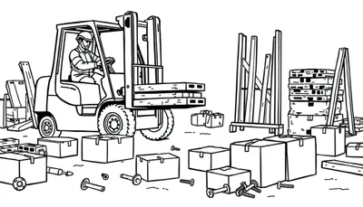 Kleurplaat van een heftruck in een magazijn met houten planken en verspreid gereedschap.
