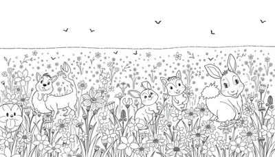 Zwart-wit kleurplaat van een vrolijk bloemenveld met konijnen, andere kleine dieren en vogels in de lucht.