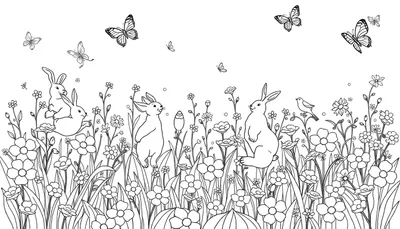 Een vrolijke zwart-wit kleurplaat van een bloemenveld vol speelse dieren zoals konijnen, vlinders en vogels.