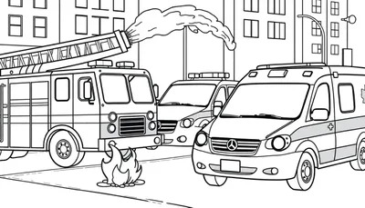 Kleurplaat van een brandweerwagen, ambulance en politieauto in een stedelijke scène.