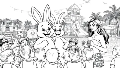 Kleurplaat van een zwembadscene met kinderen, mascottekonijnen, glijbaan en paarse palmbomen in een vrolijke vakantieomgeving.