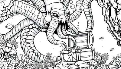 Kleurplaat van een gigantisch zeewezen, een mix tussen een octopus en monster, dat een schatkist met munten vasthoudt in een magische onderwaterwereld.