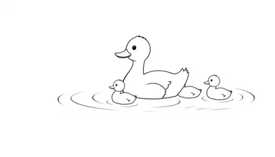 Een zwart-wit kleurplaat van een eend met twee eendenkuikens die in het water zwemmen.