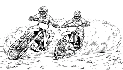 Zwart-witte kleurplaat van twee motorcrossers op een stoffig pad.