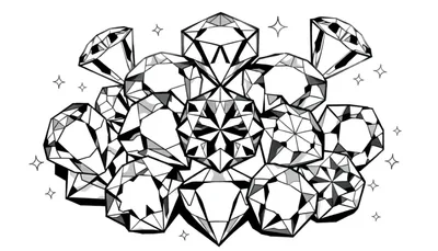 Zwart-witte kleurplaat van glinsterende diamanten met sterretjes eromheen.