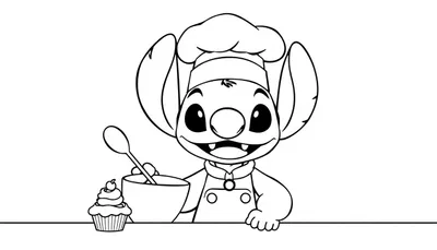 Kleurplaat van een vrolijk cartoonfiguurtje in koksoutfit met een kom en lepel, naast een cupcake op een tafel.