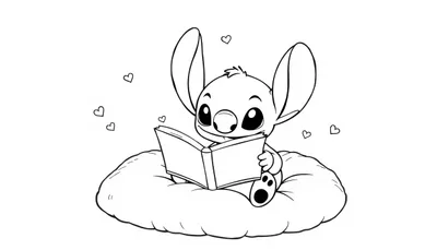 Schattige zwart-witte kleurplaat van Stitch die een boek leest op een pluizig kussen met hartjes eromheen.