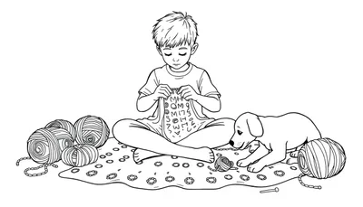 Kleurplaat van een jongen die rustig zit te haken met bollen wol en een hond naast hem.