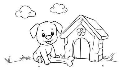 Zwart-witte kleurplaat van een vrolijk hondje met een bot naast een hondenhok, met bloemenversiering en wolken op de achtergrond.