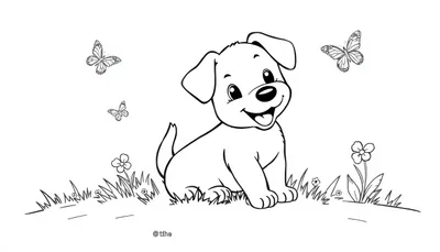 Kleurplaat van een vrolijke puppy die op gras zit, omringd door vlinders en bloemen.