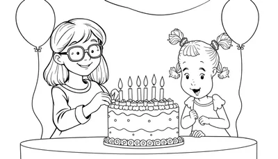 Kleurplaat waarop twee kinderen feest vieren met een taart, ballonnen en slingers.