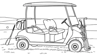 Kleurplaat van een golfkarretje met dak, stoelen en golfclubs op een golfbaan