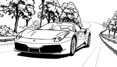 Kleurplaat van een Ferrari sportauto op een bochtige weg, omringd door bomen.