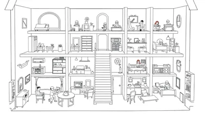 Een zwart-wit kleurplaat van een huis als poppenhuis met verschillende verdiepingen en mensen die dagelijkse dingen doen.