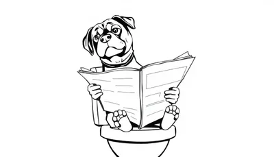 Een grappige kleurplaat van een Rottweiler die op het toilet zit en een krant leest.