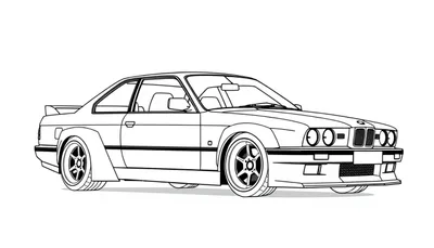 Kleurplaat van een klassieke sportieve BMW E9 widebody in zijaanzicht met retro-ontwerp.