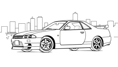Kleurplaat van een Nissan Skyline R34 sportauto met een stadslandschap op de achtergrond.