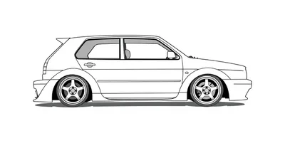 Zwart-witte kleurplaat van een sportieve Volkswagen Golf MK3 met brede wielkasten en een spoiler.
