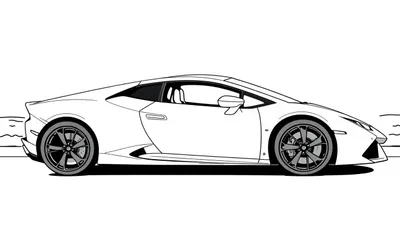 Zwart-witte kleurplaat van een gestroomlijnde Lamborghini Huracan Performante, gezien vanaf de zijkant.