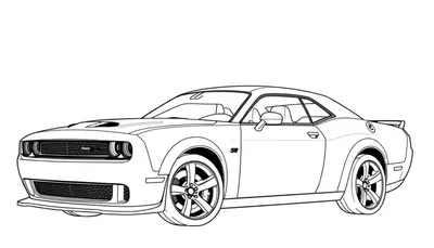 Kleurplaat van een gestroomlijnde Dodge Hellcat SRT in zijaanzicht, met opvallende wielen en krachtige details.