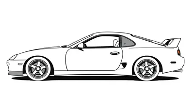 Kleurplaat van een Toyota Supra MK4 zijaanzicht, gestileerd als een lijntekening.