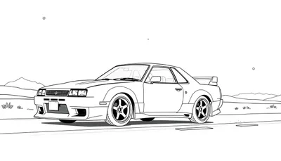 Kleurplaat van een sportieve Nissan Skyline in lijntekening met een spoiler en opvallende velgen, omgeven door bergen.
