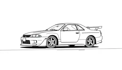 Kleurplaat van een Nissan Skyline widebody zijaanzicht, met strakke lijnen en een grote achterspoiler.