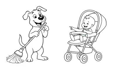 Kleurplaat van een lachende hond die aan het schoonmaken is met een mop en een vrolijke baby in een kinderwagen.