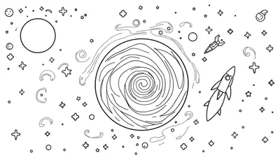 Een zwart-witte kleurplaat met een ruimte-thema: een grote spiraal, sterren, planeten en een astronaut.