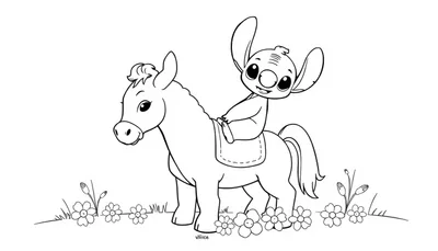 Zwart-wit kleurplaat van Stitch op een vrolijke pony in een grasveld met bloemen.