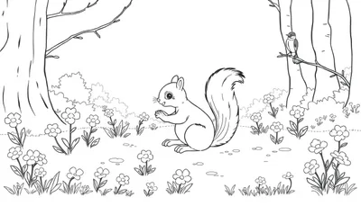 Kleurplaat van een eekhoorn in het bos met bloemen, bomen en een vogel op een tak.