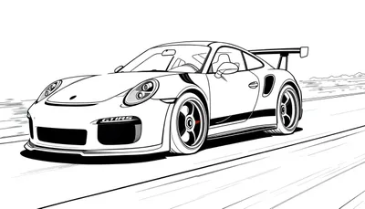 Zwart-wit kleurplaat van een snelle sportauto met opschrift 'GT1RS'.