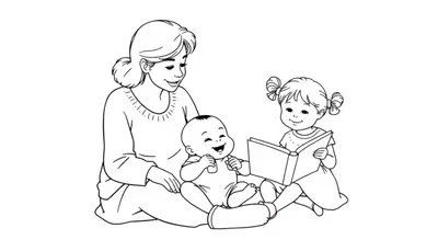 Zwart-witte lijntekening van een lachende oma met een kleutermeisje met vlechtjes en een baby op schoot. Ideaal als vrolijke kleurplaat.
