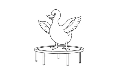 Kleurplaat van een blije cartoon eend die op een trampoline springt met open vleugels.