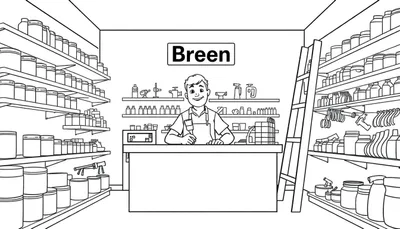 Kleurplaat van Breen, de gereedschaps winkel, met een vriendelijke winkelier.